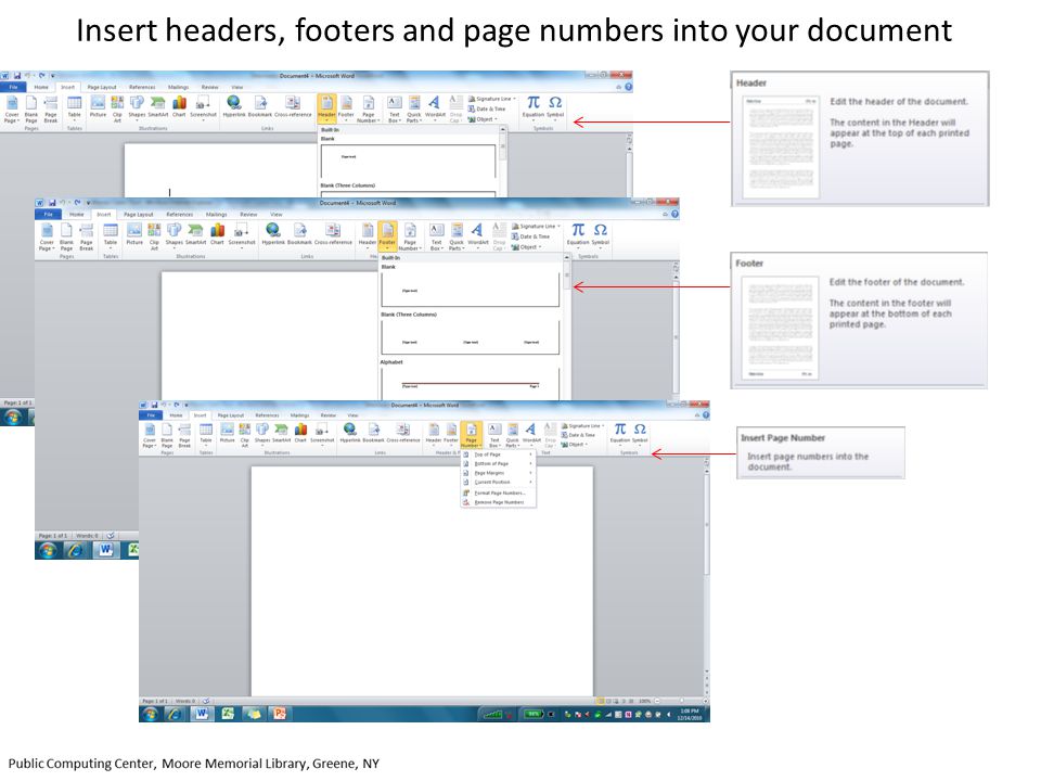 Insert headers, footers and page numbers into your document