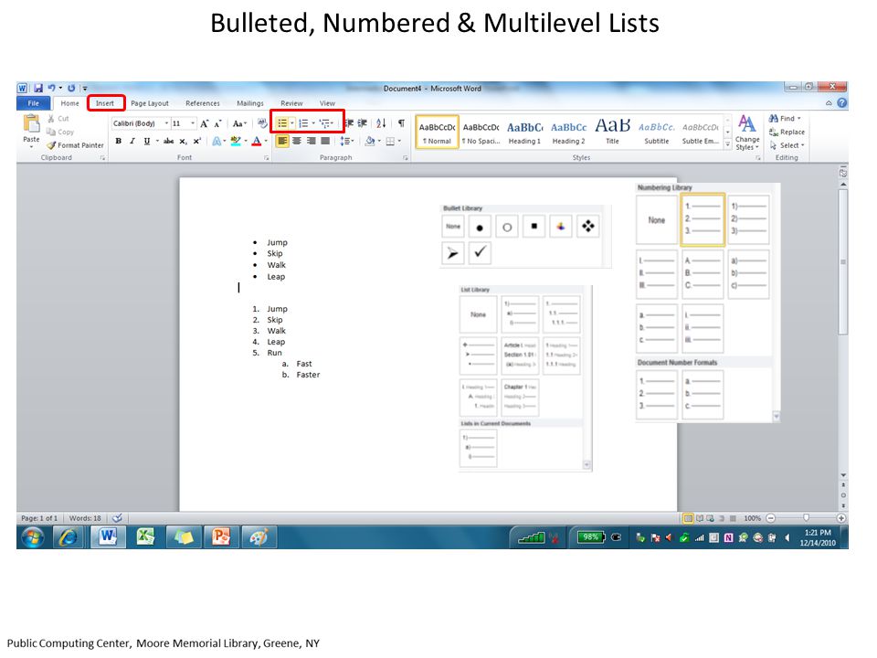 Bulleted, Numbered & Multilevel Lists