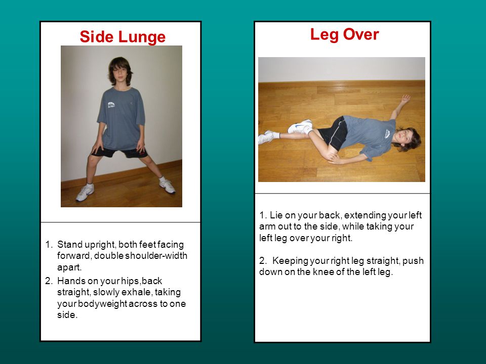 Side Lunge 1.Stand upright, both feet facing forward, double shoulder-width apart.