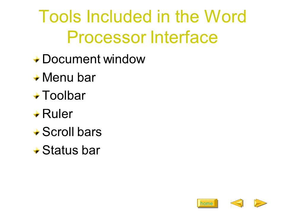 home Tools Included in the Word Processor Interface Document window Menu bar Toolbar Ruler Scroll bars Status bar