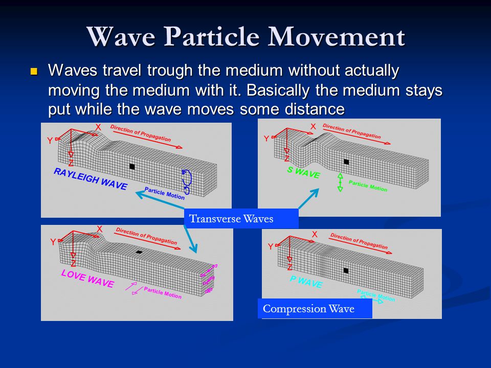 Wave Particle Movement Waves travel trough the medium without actually moving the medium with it.