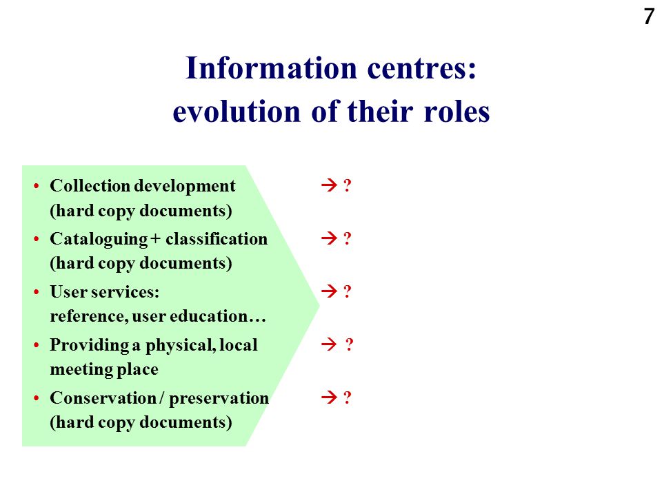7 Information centres: evolution of their roles Collection development (hard copy documents) Cataloguing + classification (hard copy documents) User services: reference, user education… Providing a physical, local meeting place Conservation / preservation (hard copy documents) 