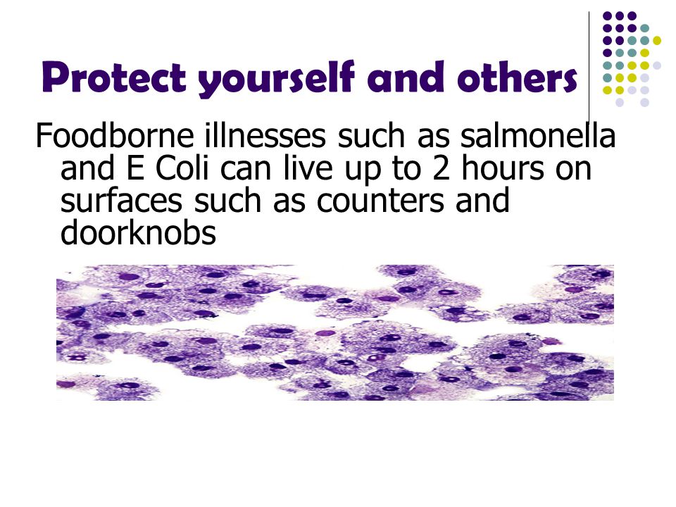 Protect yourself and others Foodborne illnesses such as salmonella and E Coli can live up to 2 hours on surfaces such as counters and doorknobs