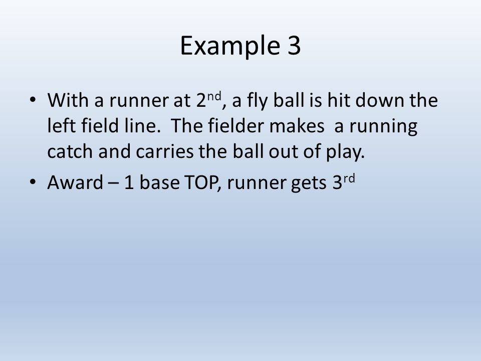 Example 3 With a runner at 2 nd, a fly ball is hit down the left field line.