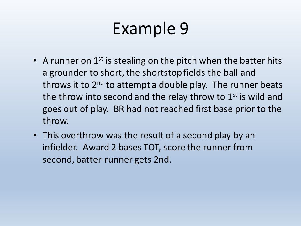 Example 9 A runner on 1 st is stealing on the pitch when the batter hits a grounder to short, the shortstop fields the ball and throws it to 2 nd to attempt a double play.
