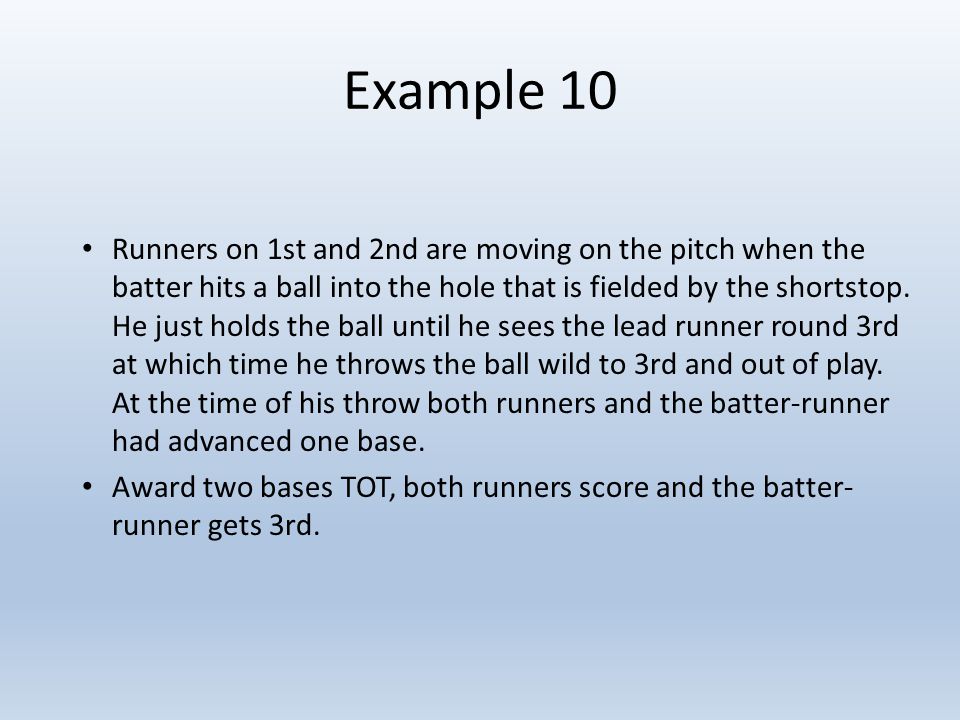 Example 10 Runners on 1st and 2nd are moving on the pitch when the batter hits a ball into the hole that is fielded by the shortstop.