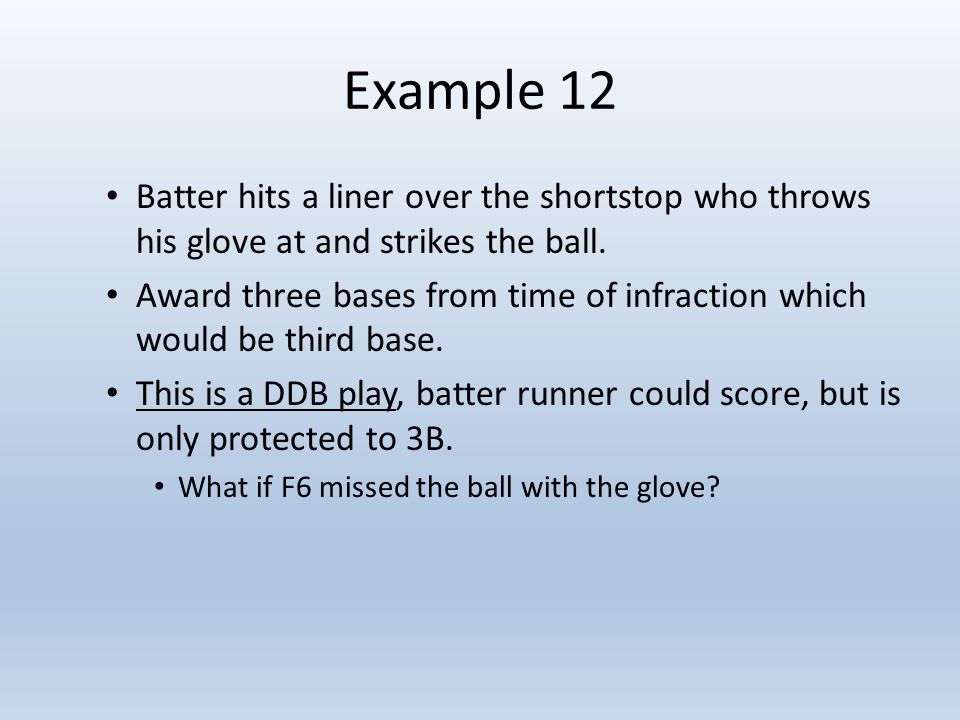 Example 12 Batter hits a liner over the shortstop who throws his glove at and strikes the ball.
