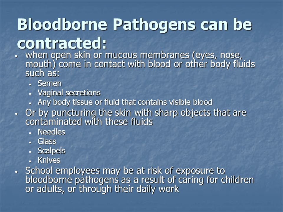 Bloodborne Pathogens can be contracted: when open skin or mucous membranes (eyes, nose, mouth) come in contact with blood or other body fluids such as: when open skin or mucous membranes (eyes, nose, mouth) come in contact with blood or other body fluids such as: Semen Semen Vaginal secretions Vaginal secretions Any body tissue or fluid that contains visible blood Any body tissue or fluid that contains visible blood Or by puncturing the skin with sharp objects that are contaminated with these fluids Or by puncturing the skin with sharp objects that are contaminated with these fluids Needles Needles Glass Glass Scalpels Scalpels Knives Knives School employees may be at risk of exposure to bloodborne pathogens as a result of caring for children or adults, or through their daily work School employees may be at risk of exposure to bloodborne pathogens as a result of caring for children or adults, or through their daily work
