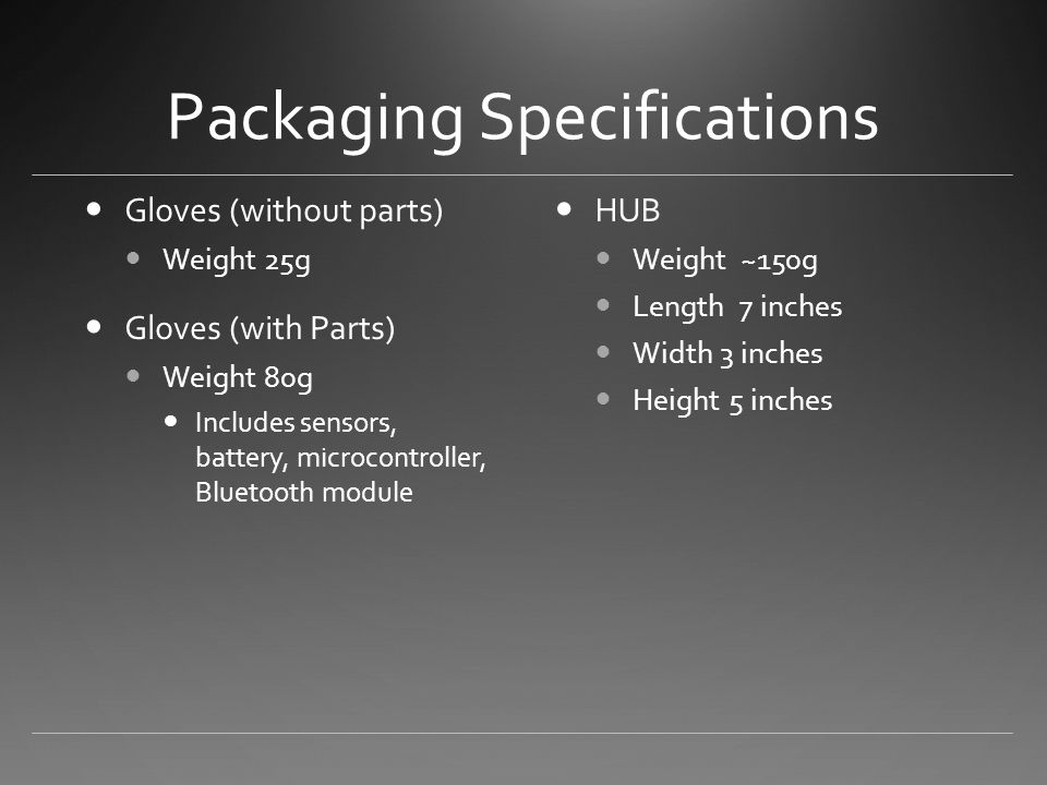 Packaging Specifications Gloves (without parts) Weight 25g Gloves (with Parts) Weight 80g Includes sensors, battery, microcontroller, Bluetooth module HUB Weight ~150g Length 7 inches Width 3 inches Height 5 inches