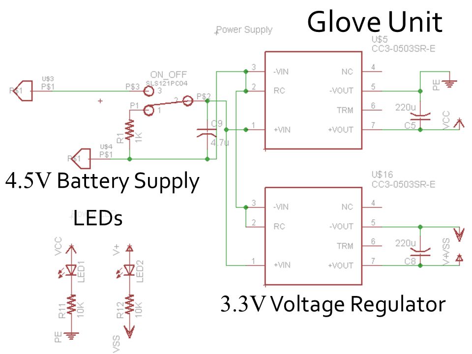 Glove Unit 3.3V Voltage Regulator LEDs 4.5V Battery Supply