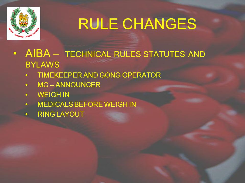 RULE CHANGES AIBA – TECHNICAL RULES STATUTES AND BYLAWS TIMEKEEPER AND GONG OPERATOR MC – ANNOUNCER WEIGH IN MEDICALS BEFORE WEIGH IN RING LAYOUT