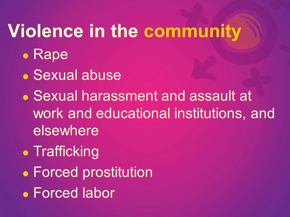 Violence in the community Rape Sexual abuse Sexual harassment and assault at work and educational institutions, and elsewhere Trafficking Forced prostitution Forced labor