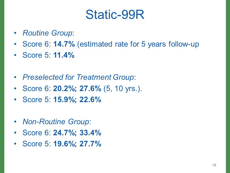 Static-99R Routine Group: Score 6: 14.7% (estimated rate for 5 years follow-up Score 5: 11.4% Preselected for Treatment Group: Score 6: 20.2%; 27.6% (5, 10 yrs.).