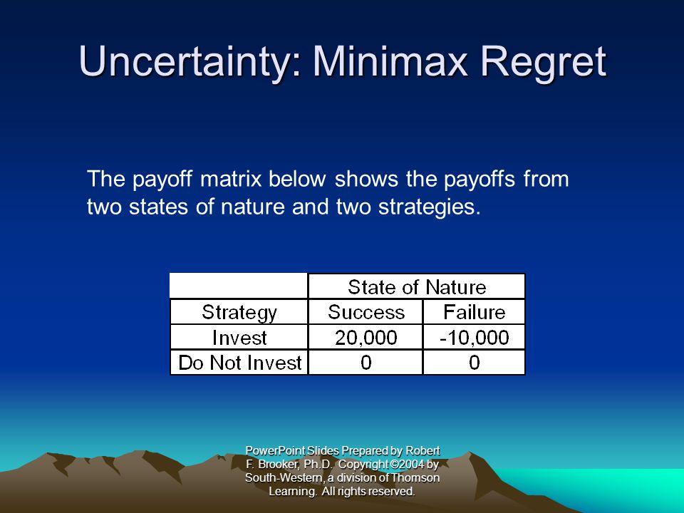 Uncertainty: Minimax Regret The payoff matrix below shows the payoffs from two states of nature and two strategies.