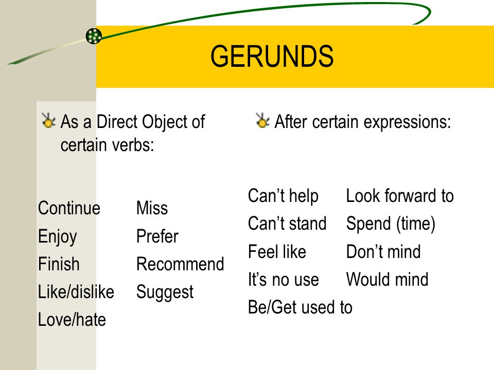 GERUNDS As a Direct Object of certain verbs: After certain expressions: ContinueMiss EnjoyPrefer FinishRecommend Like/dislikeSuggest Love/hate Can’t helpLook forward to Can’t standSpend (time) ‏ Feel likeDon’t mind It’s no useWould mind Be/Get used to