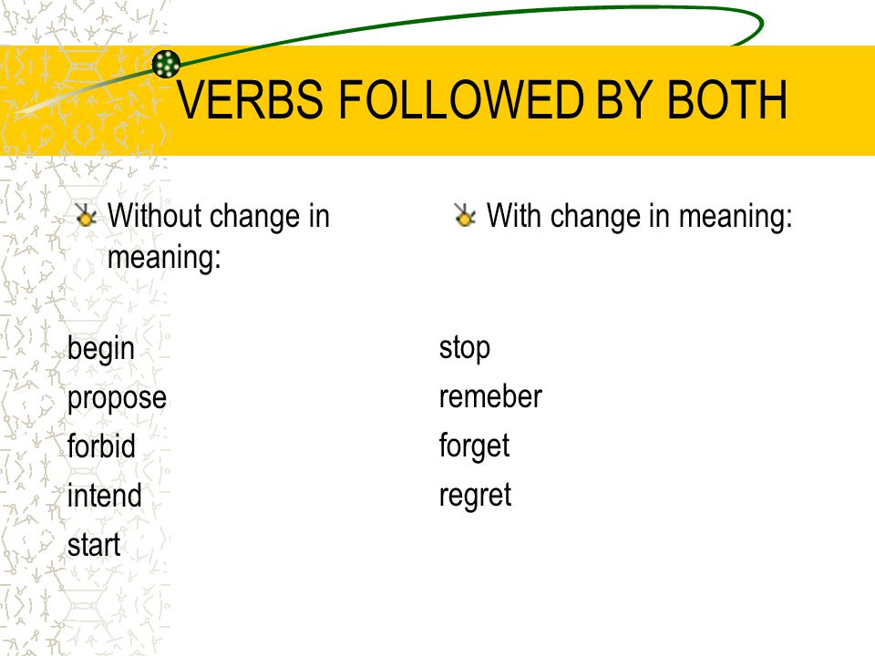VERBS FOLLOWED BY BOTH Without change in meaning: With change in meaning: begin propose forbid intend start stop remeber forget regret