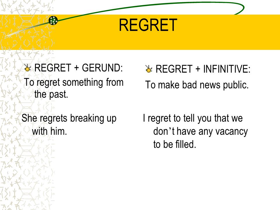 REGRET REGRET + GERUND: To regret something from the past.