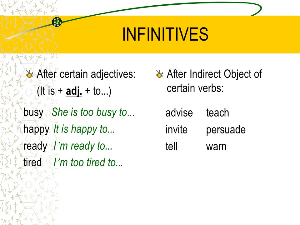 INFINITIVES After certain adjectives: (It is + adj.