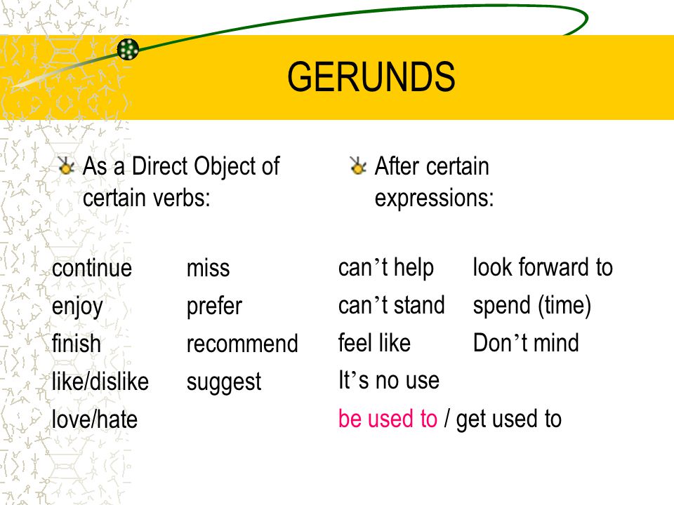 GERUNDS As a Direct Object of certain verbs: After certain expressions: continuemiss enjoyprefer finishrecommend like/dislikesuggest love/hate can ’ t helplook forward to can ’ t standspend (time) feel likeDon ’ t mind It ’ s no use be used to / get used to