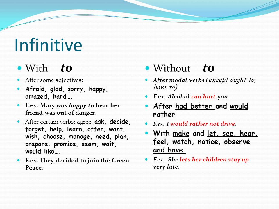 Infinitive With to After some adjectives: Afraid, glad, sorry, happy, amazed, hard….