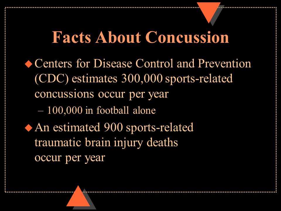 Facts About Concussion u Centers for Disease Control and Prevention (CDC) estimates 300,000 sports-related concussions occur per year –100,000 in football alone u An estimated 900 sports-related traumatic brain injury deaths occur per year