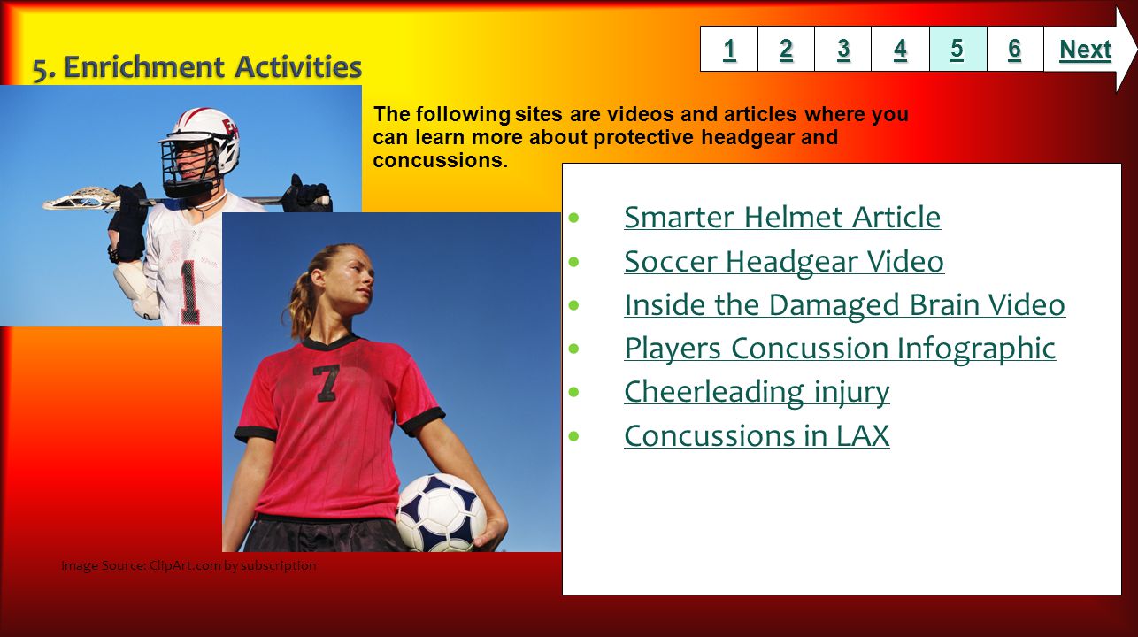 Smarter Helmet Article Soccer Headgear Video Inside the Damaged Brain Video Players Concussion Infographic Cheerleading injury Concussions in LAX Next Image Source: ClipArt.com by subscription The following sites are videos and articles where you can learn more about protective headgear and concussions.