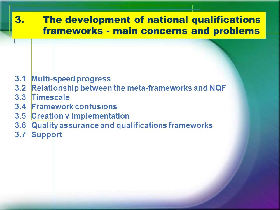3.The development of national qualifications frameworks - main concerns and problems 3.1Multi-speed progress 3.2Relationship between the meta-frameworks and NQF 3.3Timescale 3.4Framework confusions 3.5Creation v implementation 3.6Quality assurance and qualifications frameworks 3.7Support