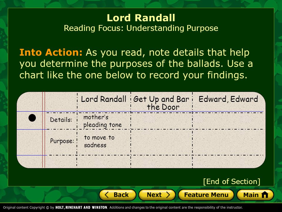 Lord Randall Reading Focus: Understanding Purpose Although the author of Lord Randall is unknown, we can determine the author’s purpose from details in the text, such as dialogue images repetition In Lord Randall, the mother repeats several phrases in each stanza.