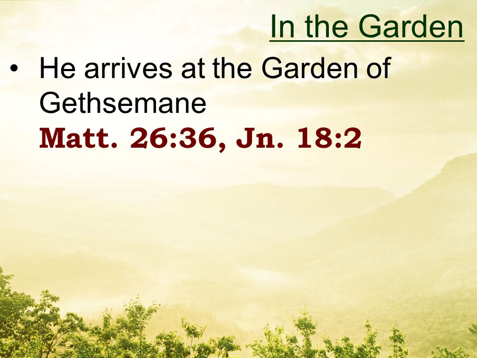 He arrives at the Garden of Gethsemane Matt. 26:36, Jn. 18:2 In the Garden