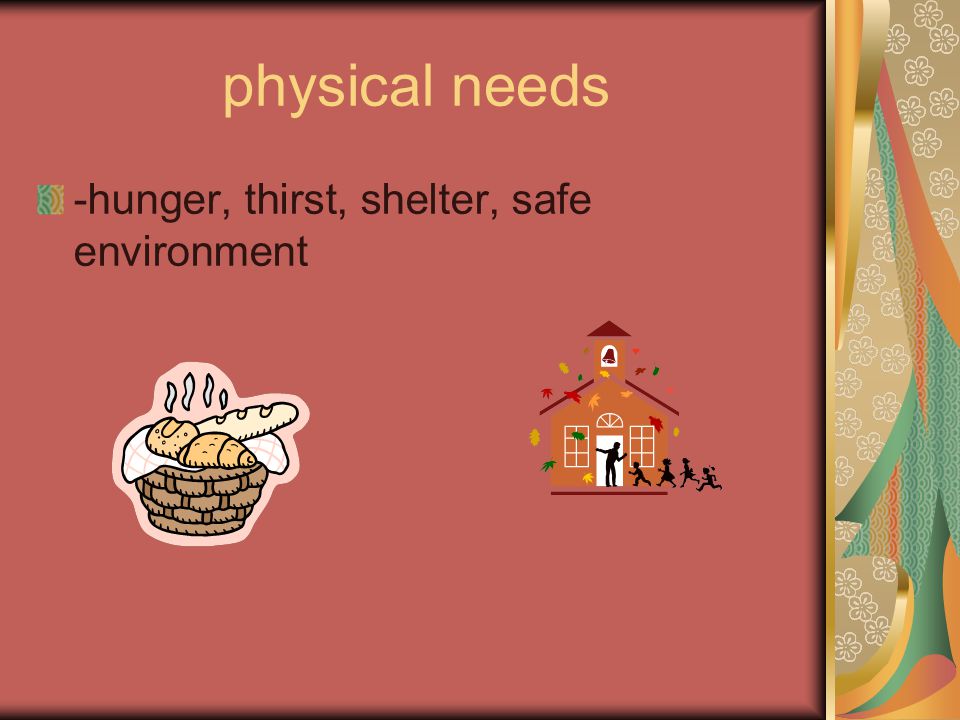 MASLOW’S HIERARCHY OF NEEDS Human beings have basic needs and when these needs are continuously not met---- mental and physical illness can occur Abraham Maslow, an American psychologist, tried to explain human needs by organizing them into a Hierarchy of Needs ( SEE page 193)