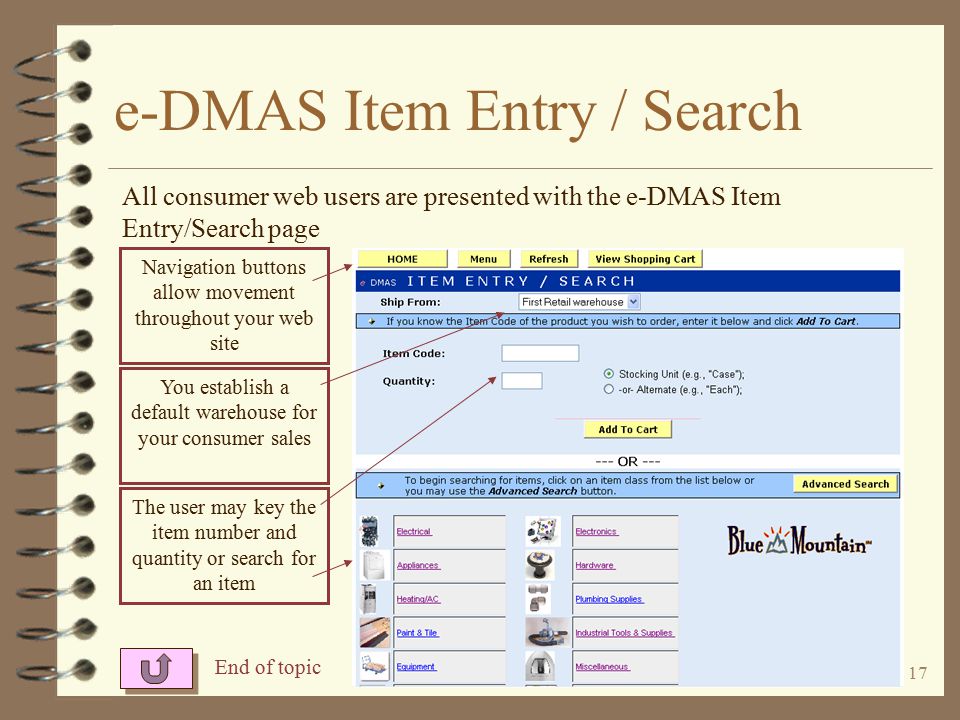16 e-DMAS Consumer Summary Order From Search Results Item Class Item Sub-Class Searching For An Item Ordering An Item (click button to view detail) Enter Item Number Check Out Process Shopping Cart Fine Line Manufacturer Advanced Search Item Information Related Parts Back to Title Page Tailoring Options