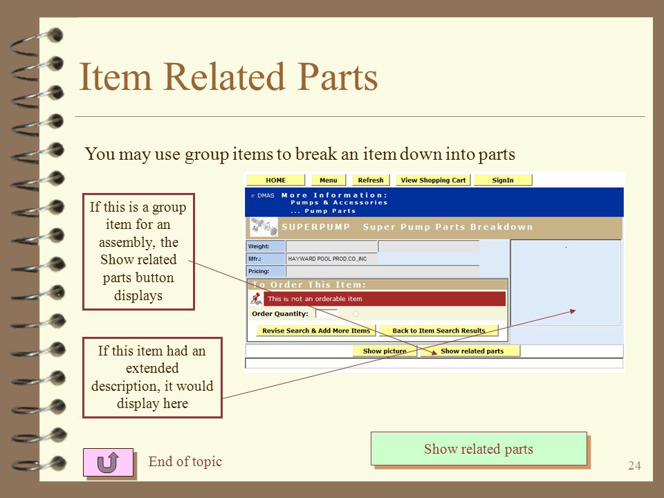 23 Item More Information Screen When you click the related parts button, a list screen showing all components is displayed.