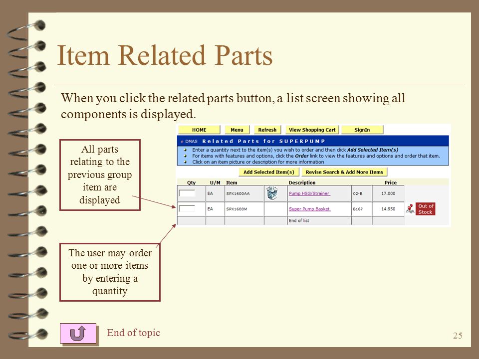 24 Item Related Parts You may use group items to break an item down into parts If this is a group item for an assembly, the Show related parts button displays If this item had an extended description, it would display here End of topic Show related parts