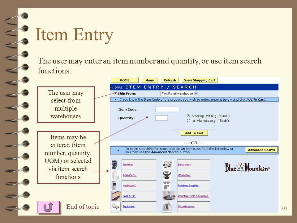 29 Advanced Item Search The user may use a combination of any or all pull-down selections and descriptive search.