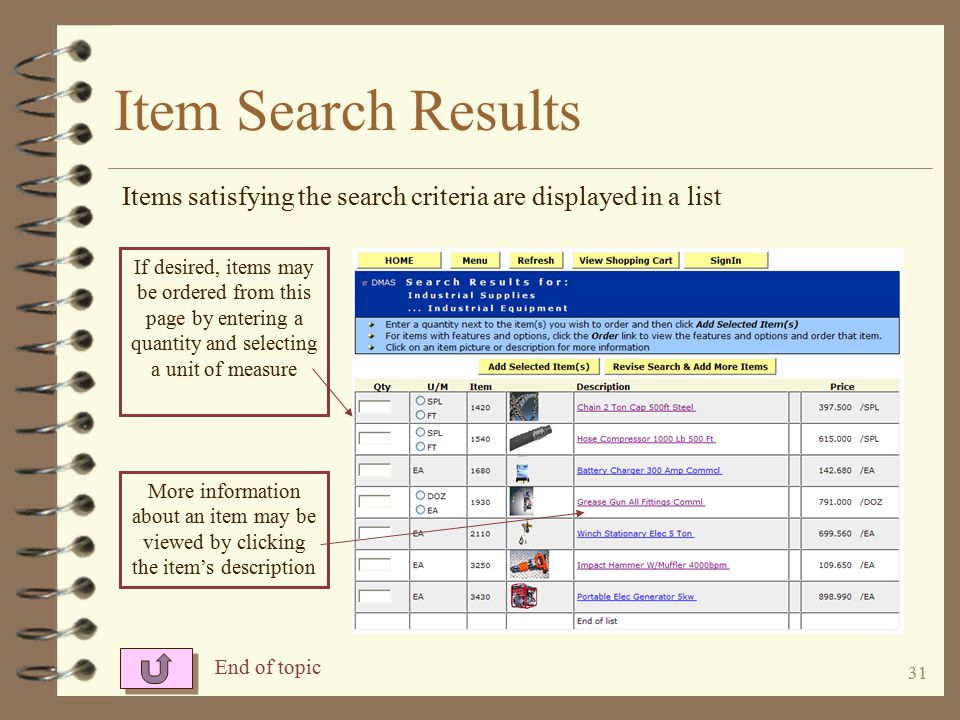 30 Item Entry The user may enter an item number and quantity, or use item search functions.