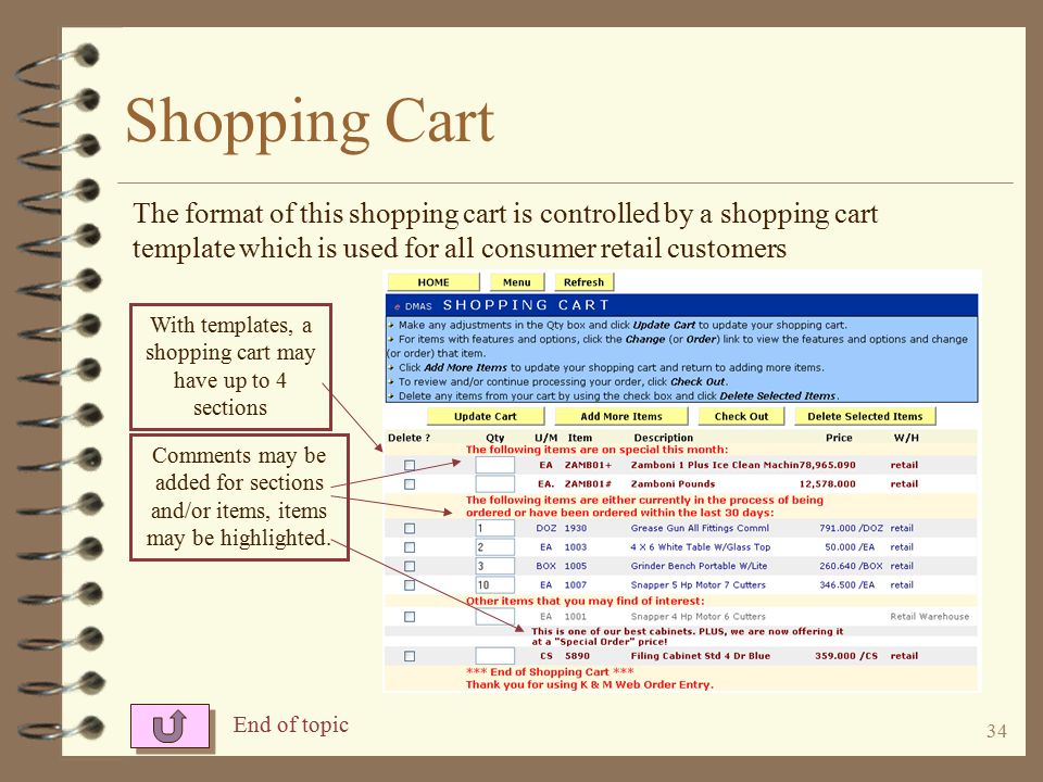 33 Shopping Cart The shopping cart shows items ordered during this session (not under format control).