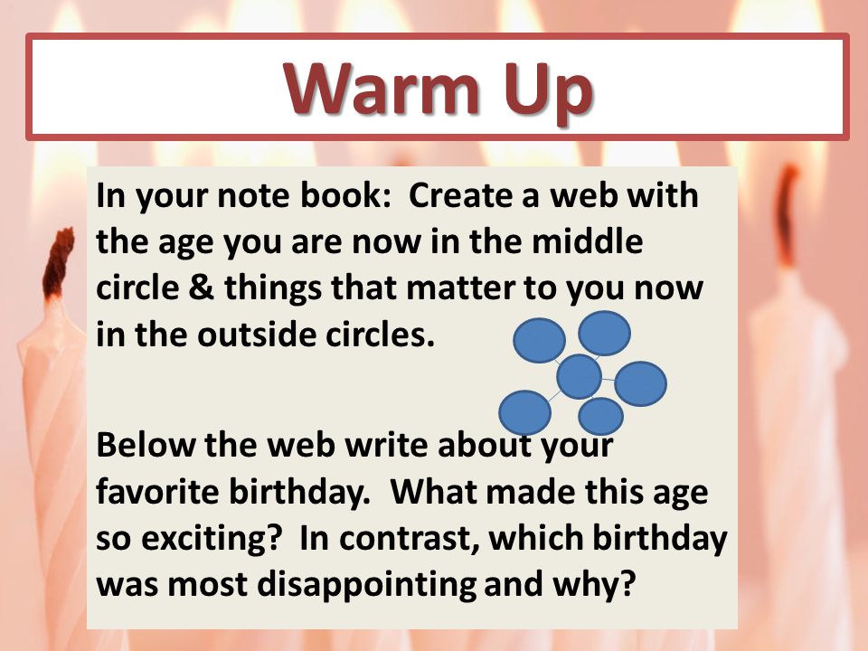 Warm Up In your note book: Create a web with the age you are now in the middle circle & things that matter to you now in the outside circles.