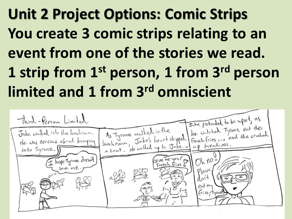 Unit 2 Project Options: Comic Strips Unit 2 Project Options: Comic Strips You create 3 comic strips relating to an event from one of the stories we read.