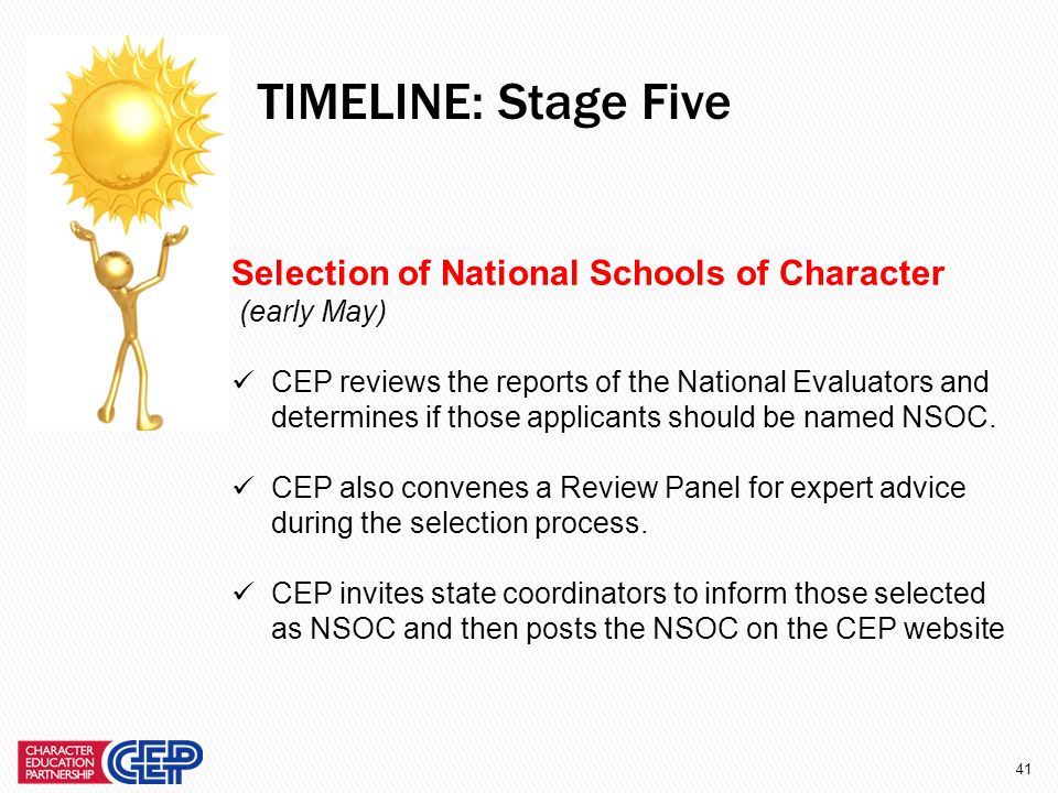 40 National Evaluation of Finalists (March – April) Finalists are assigned National Evaluators and asked to provide additional information online.