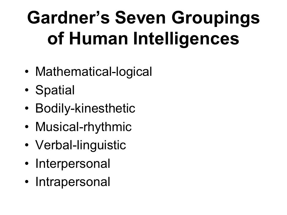 Gardner’s Seven Groupings of Human Intelligences Mathematical-logical Spatial Bodily-kinesthetic Musical-rhythmic Verbal-linguistic Interpersonal Intrapersonal