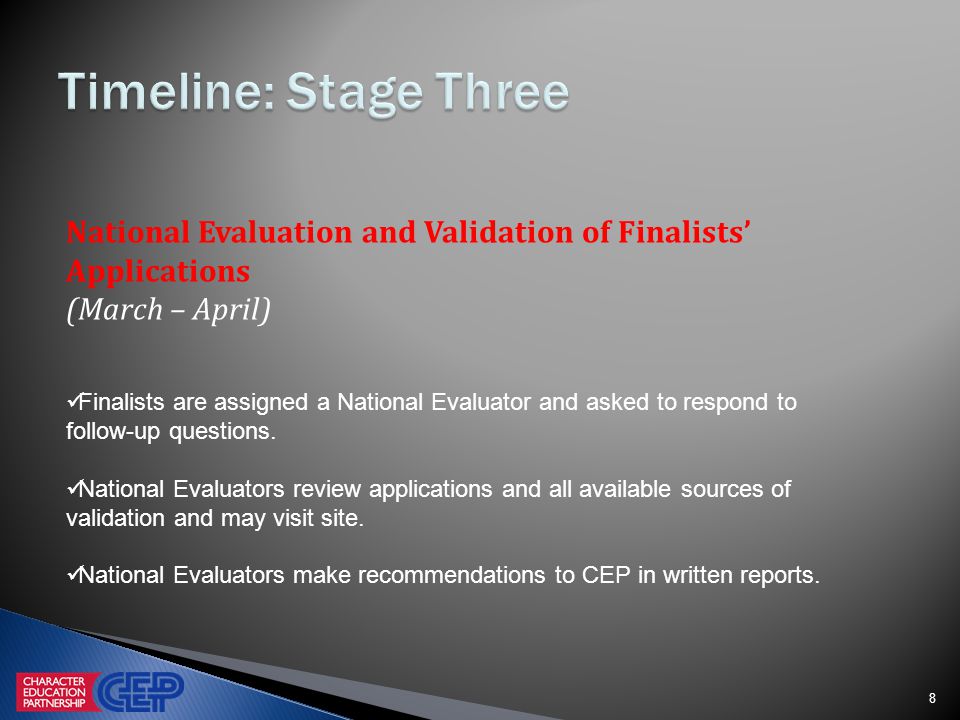 8 National Evaluation and Validation of Finalists’ Applications (March – April) Finalists are assigned a National Evaluator and asked to respond to follow-up questions.