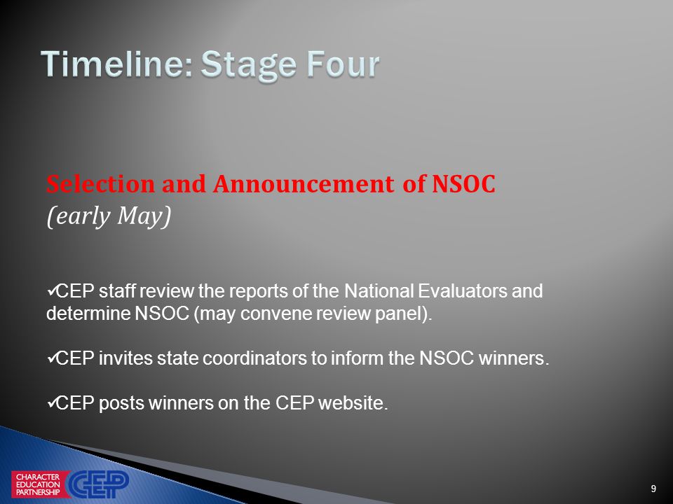 9 Selection and Announcement of NSOC (early May) CEP staff review the reports of the National Evaluators and determine NSOC (may convene review panel).