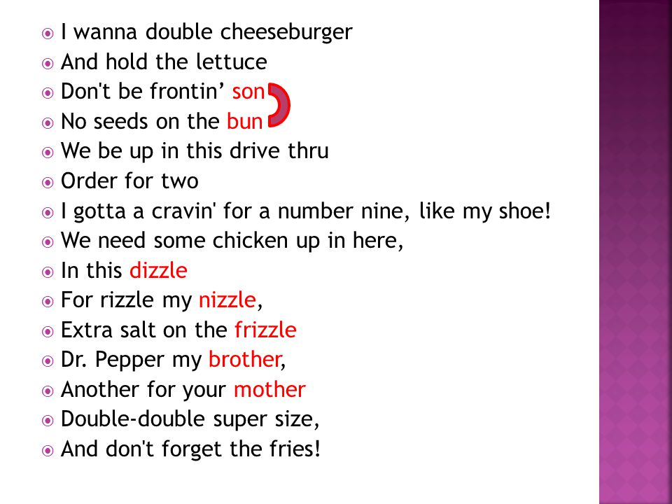 Spi Identify The Effect Of Sound Within Context I E Onomatopoeia Alliteration Rhythm Rhyme Repetition Ppt Download Assemble the double cheeseburger in the following order: spi identify the effect of sound within