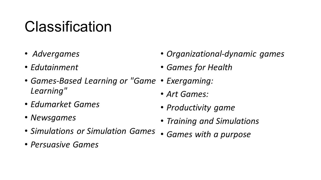 Tag categories for classifying serious games.