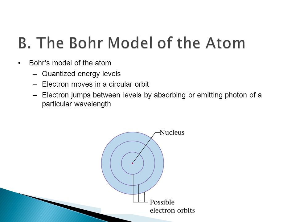 Bohr’s model of the atom –Quantized energy levels –Electron moves in a circular orbit –Electron jumps between levels by absorbing or emitting photon of a particular wavelength