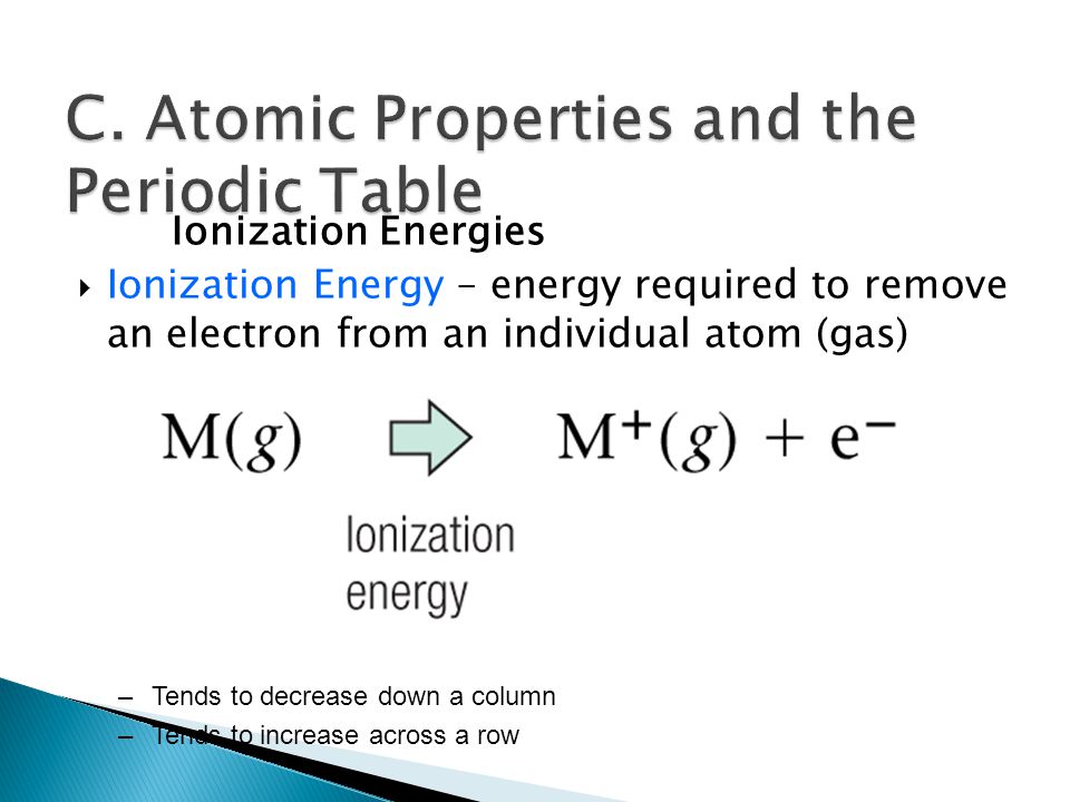 Ionization Energies  Ionization Energy – energy required to remove an electron from an individual atom (gas) –Tends to decrease down a column –Tends to increase across a row