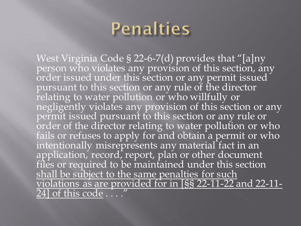 West Virginia Code § (d) provides that [a]ny person who violates any provision of this section, any order issued under this section or any permit issued pursuant to this section or any rule of the director relating to water pollution or who willfully or negligently violates any provision of this section or any permit issued pursuant to this section or any rule or order of the director relating to water pollution or who fails or refuses to apply for and obtain a permit or who intentionally misrepresents any material fact in an application, record, report, plan or other document files or required to be maintained under this section shall be subject to the same penalties for such violations as are provided for in [§§ and ] of this code....