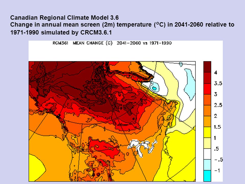 Canadian Regional Climate Model 3.6 Change in annual mean screen (2m) temperature (°C) in relative to simulated by CRCM3.6.1 *