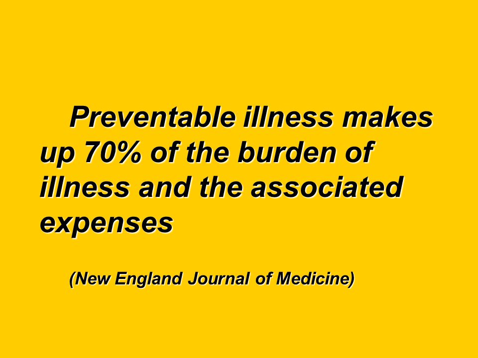 Preventable illness makes up 70% of the burden of illness and the associated expenses (New England Journal of Medicine)