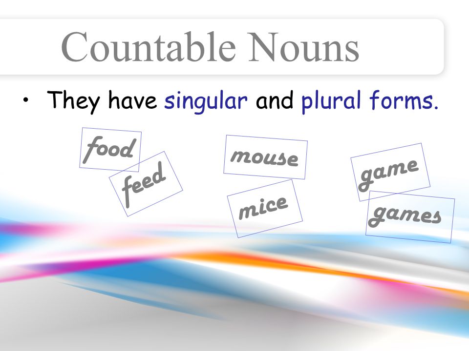 They have singular and plural forms. Countable Nouns food feed mouse mice game games